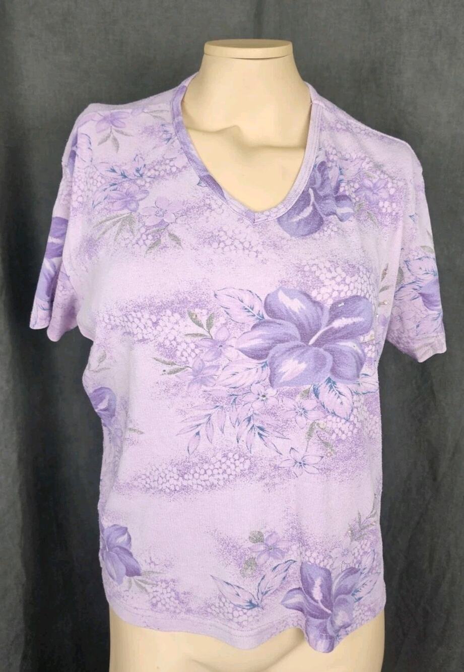 Vtg 90s Basic Editions Floral Tee Top L Large Short Sleeve Glitter Grandmacore